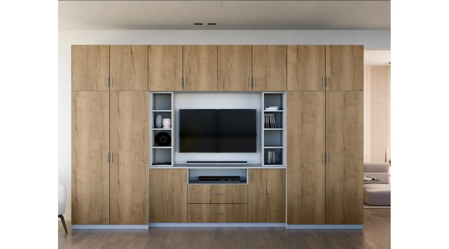 Elegancka meblościanka z szafami i półką RTV 380×240 cm Szary Jasny / Dąb Halifax – DAKO Elegancka meblościanka z szafami i półką RTV 380×240 cm Szary Jasny / Dąb Halifax – DAKO