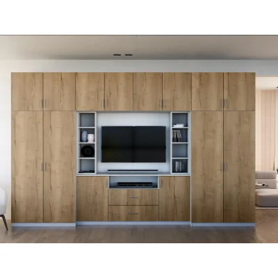 Elegancka meblościanka z szafami i półką RTV 380×240 cm Szary Jasny / Dąb Halifax – DAKO
