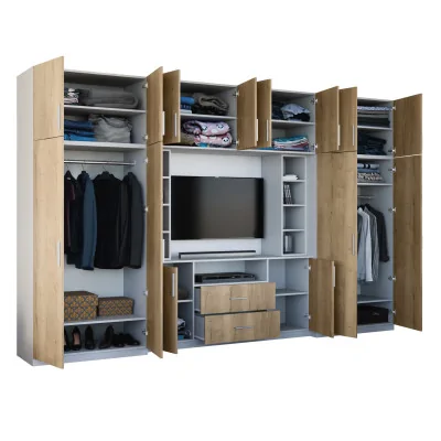 Elegancka meblościanka z szafami i wnęką RTV 380×240 cm Biel – DAKO
