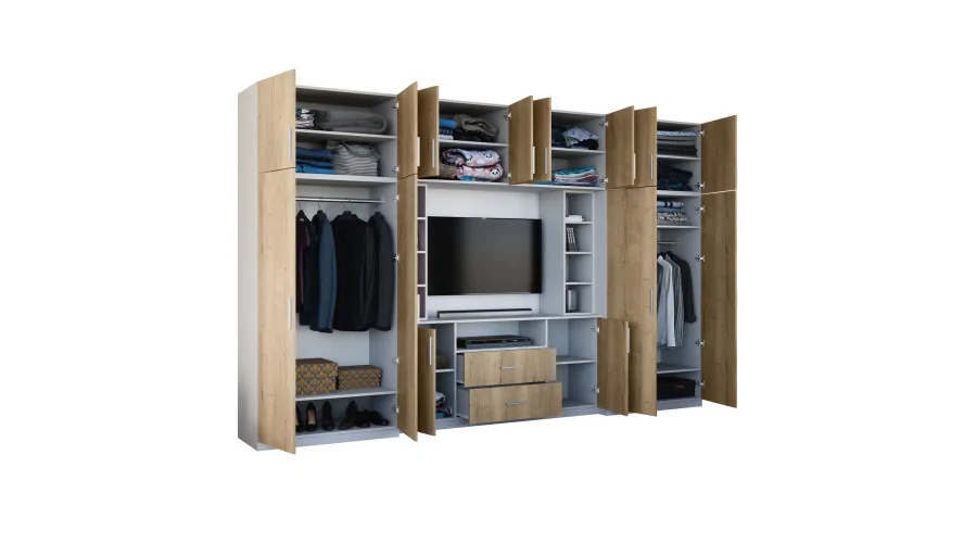 Elegancka meblościanka z szafami i półką RTV 380×240 cm Eukaliptus – DAKO