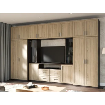 Nowoczesna meblościanka z pojemnymi szafami i witryną RTV 380×240 cm Sonoma Ciemna / Sonoma Jasna – NESTO