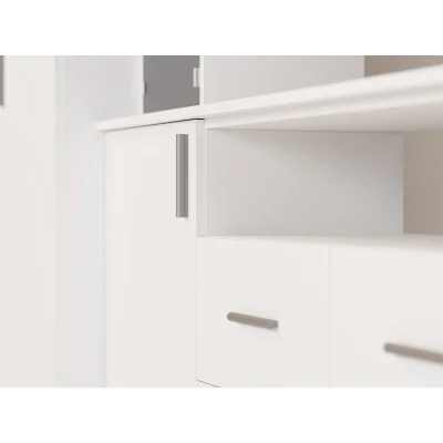 Nowoczesna meblościanka z pojemnymi szafami i witryną RTV 380×240 cm Biel – NESTO