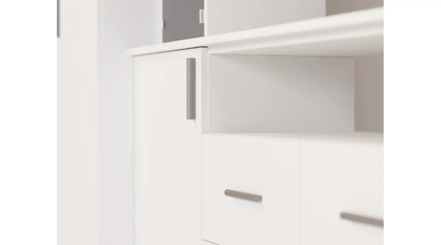 Nowoczesna meblościanka z pojemnymi szafami i witryną RTV 380×240 cm Biel – NESTO Nowoczesna meblościanka z pojemnymi szafami i witryną RTV 380×240 cm Biel – NESTO