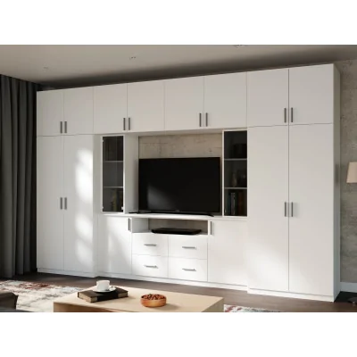Nowoczesna meblościanka z pojemnymi szafami i witryną RTV 380×240 cm Biel – NESTO