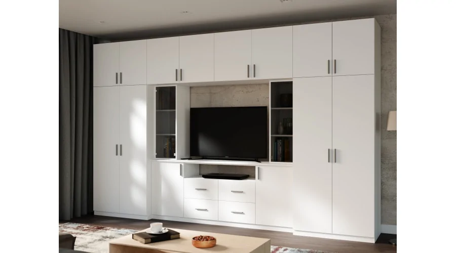 Nowoczesna meblościanka z pojemnymi szafami i witryną RTV 380×240 cm Biel – NESTO Nowoczesna meblościanka z pojemnymi szafami i witryną RTV 380×240 cm Biel – NESTO