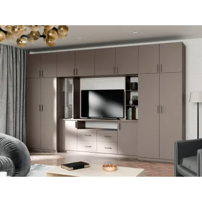 Nowoczesna meblościanka z pojemnymi szafami i witryną RTV 380×240 cm Sepia – NESTO