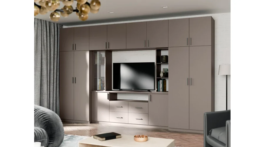 Nowoczesna meblościanka z pojemnymi szafami i witryną RTV 380×240 cm Sepia – NESTO