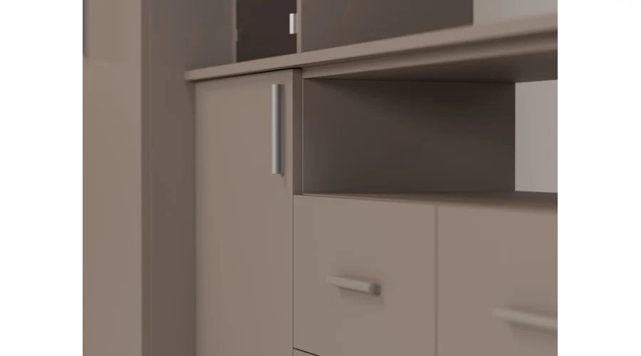 Nowoczesna meblościanka z pojemnymi szafami i witryną RTV 380×240 cm Sepia – NESTO