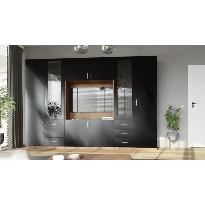 Meblościanka z miejscem na telewizor, szafami i witrynami 320×220 cm Dąb Lefkas / Czarny Onyx – LIVIO