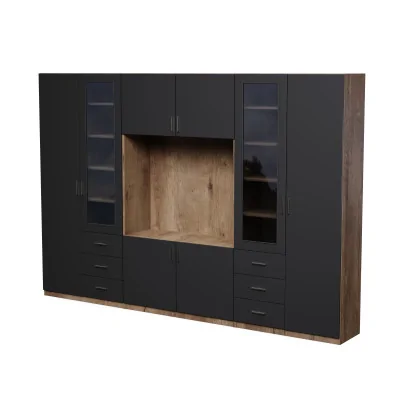 Meblościanka z miejscem na telewizor, szafami i witrynami 320×220 cm Dąb Lefkas / Czarny Onyx – LIVIO