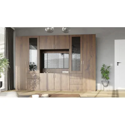 Meblościanka z miejscem na telewizor, szafami i witrynami 320×220 cm Dąb Carpenter Whisky – LIVIO