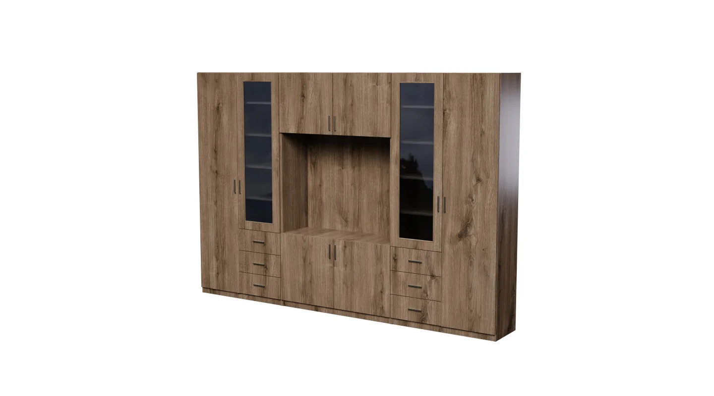 Meblościanka z miejscem na telewizor, szafami i witrynami 320×220 cm Dąb Carpenter Whisky – LIVIO