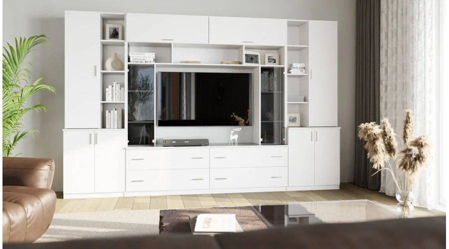 Pojemna meblościanka z otwartymi półkami, szufladami i szafkami 340×220 cm Śnieżna Biel – MODENA