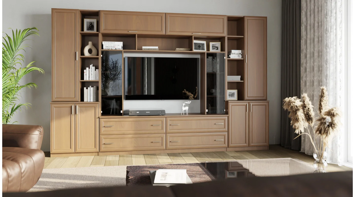 Pojemna meblościanka z otwartymi półkami, szufladami i szafkami 340×220 cm Wiśnia Porto – MODENA