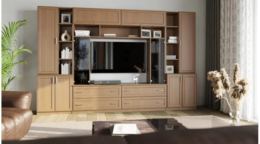 Pojemna meblościanka z otwartymi półkami, szufladami i szafkami 340×220 cm Wiśnia Porto – MODENA