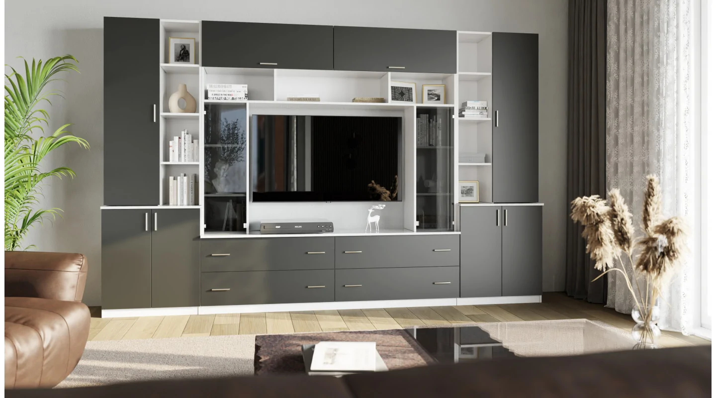 Pojemna meblościanka z otwartymi półkami, szufladami i szafkami 340×220 cm Śnieżna Biel / Czarny Onyx – MODENA Pojemna meblościanka z otwartymi półkami, szufladami i szafkami 340×220 cm Śnieżna Biel / Czarny Onyx – MODENA