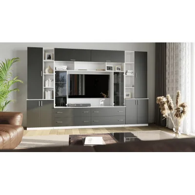 Pojemna meblościanka z otwartymi półkami, szufladami i szafkami 340×220 cm Śnieżna Biel / Czarny Onyx – MODENA