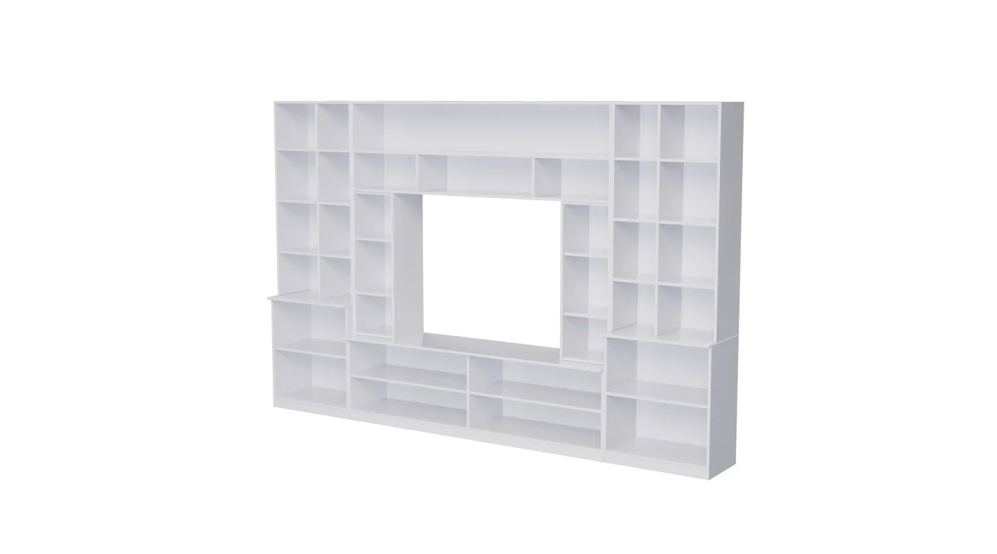 Pojemna meblościanka z otwartymi półkami, szufladami i szafkami 340×220 cm Śnieżna Biel / Czarny Onyx – MODENA Pojemna meblościanka z otwartymi półkami, szufladami i szafkami 340×220 cm Śnieżna Biel / Czarny Onyx – MODENA