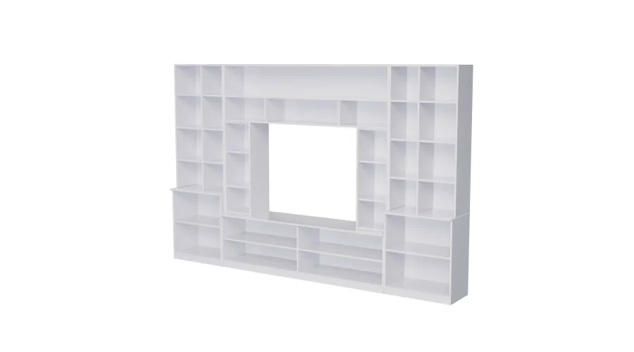 Pojemna meblościanka z otwartymi półkami, szufladami i szafkami 340×220 cm Śnieżna Biel / Czarny Onyx – MODENA Pojemna meblościanka z otwartymi półkami, szufladami i szafkami 340×220 cm Śnieżna Biel / Czarny Onyx – MODENA