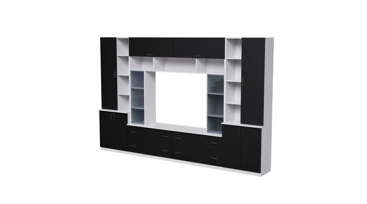 Pojemna meblościanka z otwartymi półkami, szufladami i szafkami 340×220 cm Śnieżna Biel / Czarny Onyx – MODENA Pojemna meblościanka z otwartymi półkami, szufladami i szafkami 340×220 cm Śnieżna Biel / Czarny Onyx – MODENA