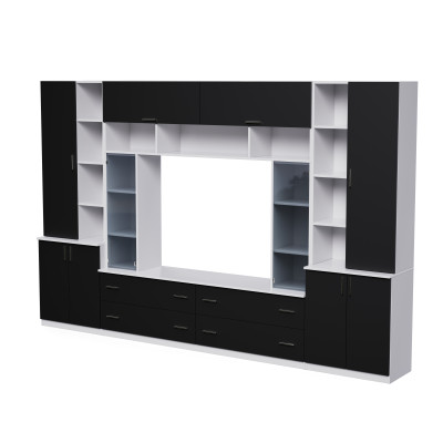 Pojemna meblościanka z otwartymi półkami, szufladami i szafkami 340×220 cm Śnieżna Biel / Czarny Onyx – MODENA