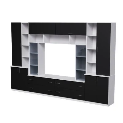 Pojemna meblościanka z otwartymi półkami, szufladami i szafkami 340×220 cm Śnieżna Biel / Czarny Onyx – MODENA