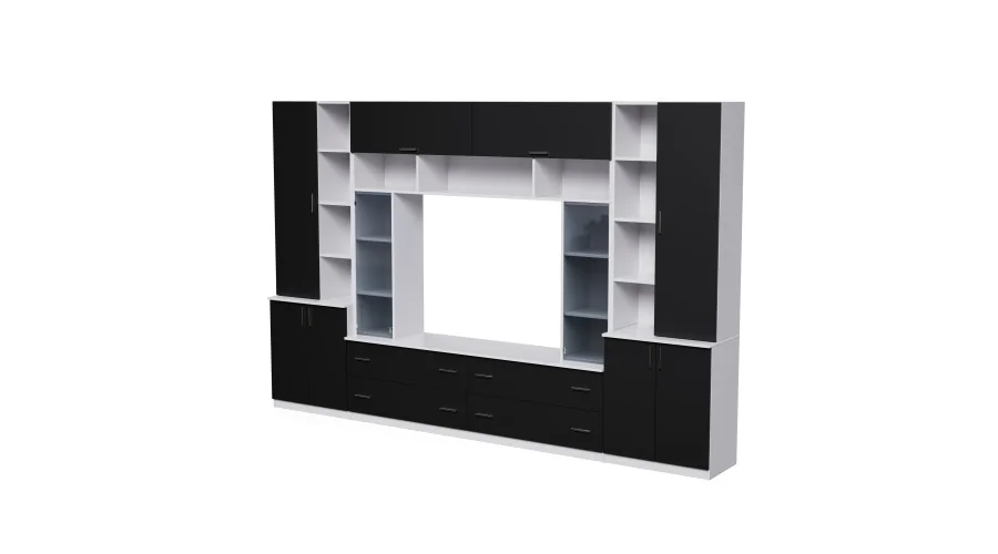 Pojemna meblościanka z otwartymi półkami, szufladami i szafkami 340×220 cm Śnieżna Biel / Czarny Onyx – MODENA Pojemna meblościanka z otwartymi półkami, szufladami i szafkami 340×220 cm Śnieżna Biel / Czarny Onyx – MODENA