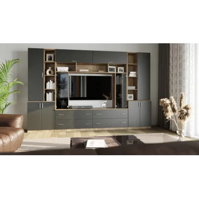 Pojemna meblościanka z otwartymi półkami, szufladami i szafkami 340×220 cm Dąb Lefkas / Czarny Onyx – MODENA