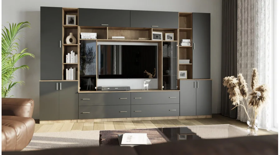 Pojemna meblościanka z otwartymi półkami, szufladami i szafkami 340×220 cm Dąb Lefkas / Czarny Onyx – MODENA