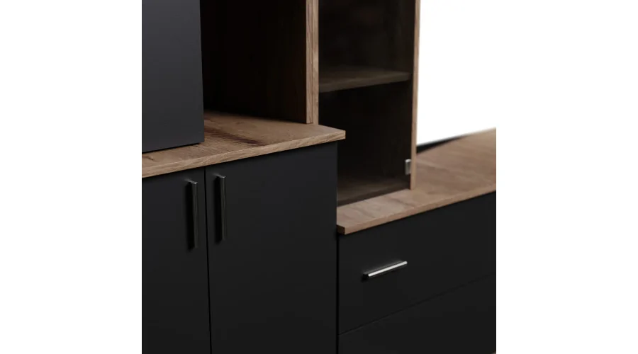 Pojemna meblościanka z otwartymi półkami, szufladami i szafkami 340×220 cm Dąb Lefkas / Czarny Onyx – MODENA