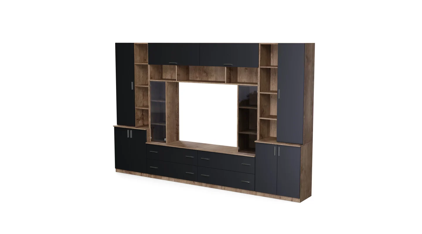Pojemna meblościanka z otwartymi półkami, szufladami i szafkami 340×220 cm Dąb Lefkas / Czarny Onyx – MODENA