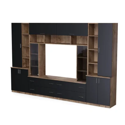 Pojemna meblościanka z otwartymi półkami, szufladami i szafkami 340×220 cm Dąb Lefkas / Czarny Onyx – MODENA