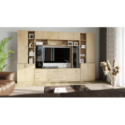 Pojemna meblościanka z otwartymi półkami, szufladami i szafkami 340×220 cm Dąb Lancelot – MODENA