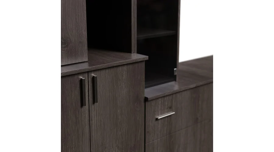 Pojemna meblościanka z otwartymi półkami, szufladami i szafkami 340×220 cm Dąb Carpenter Coffee – MODENA Pojemna meblościanka z otwartymi półkami, szufladami i szafkami 340×220 cm Dąb Carpenter Coffee – MODENA