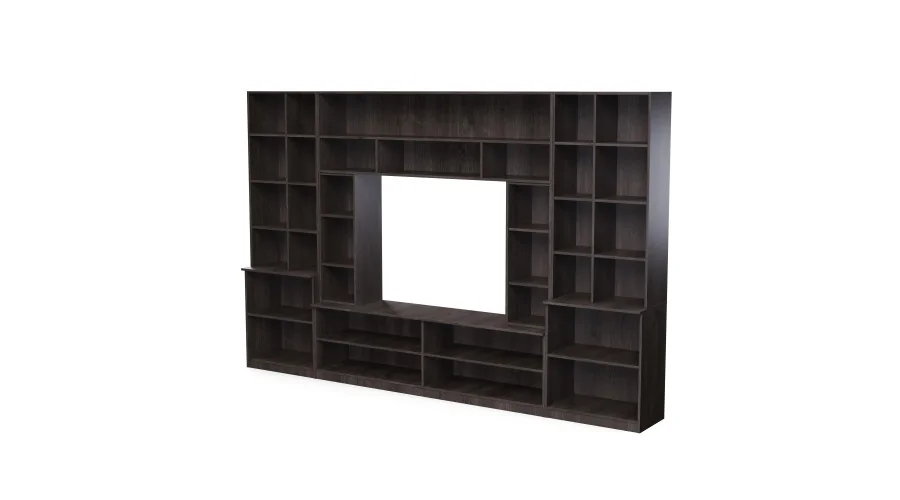 Pojemna meblościanka z otwartymi półkami, szufladami i szafkami 340×220 cm Dąb Carpenter Coffee – MODENA Pojemna meblościanka z otwartymi półkami, szufladami i szafkami 340×220 cm Dąb Carpenter Coffee – MODENA