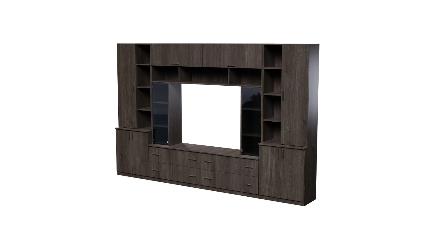 Pojemna meblościanka z otwartymi półkami, szufladami i szafkami 340×220 cm Dąb Carpenter Coffee – MODENA Pojemna meblościanka z otwartymi półkami, szufladami i szafkami 340×220 cm Dąb Carpenter Coffee – MODENA