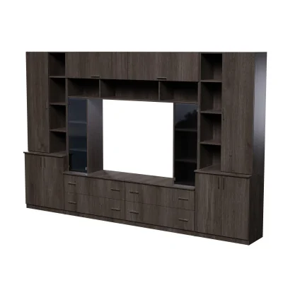 Pojemna meblościanka z otwartymi półkami, szufladami i szafkami 340×220 cm Dąb Carpenter Coffee – MODENA
