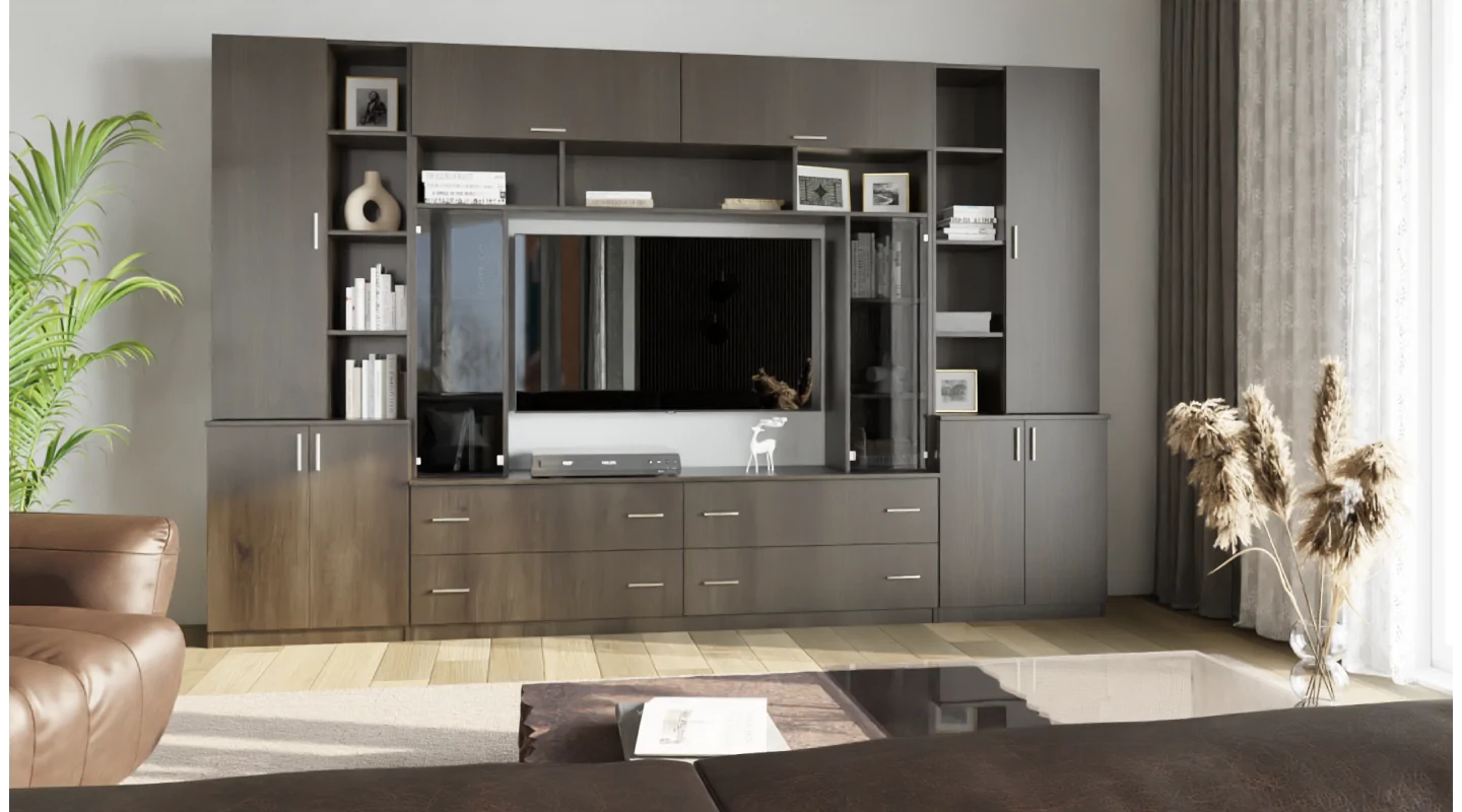 Pojemna meblościanka z otwartymi półkami, szufladami i szafkami 340×220 cm Dąb Carpenter Coffee – MODENA Pojemna meblościanka z otwartymi półkami, szufladami i szafkami 340×220 cm Dąb Carpenter Coffee – MODENA