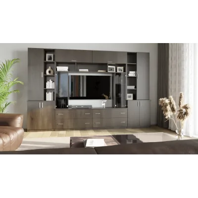Pojemna meblościanka z otwartymi półkami, szufladami i szafkami 340×220 cm Dąb Carpenter Coffee – MODENA
