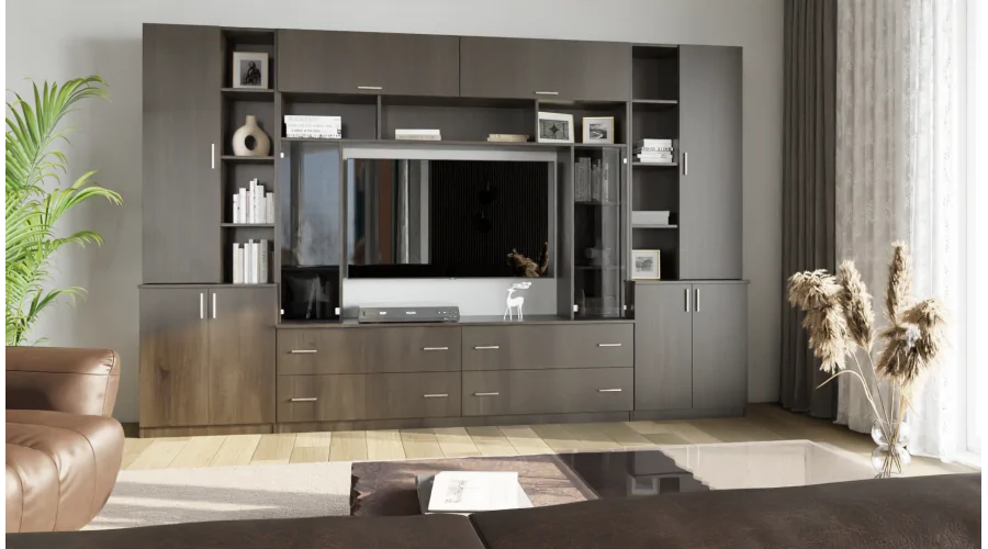 Pojemna meblościanka z otwartymi półkami, szufladami i szafkami 340×220 cm Dąb Carpenter Coffee – MODENA Pojemna meblościanka z otwartymi półkami, szufladami i szafkami 340×220 cm Dąb Carpenter Coffee – MODENA