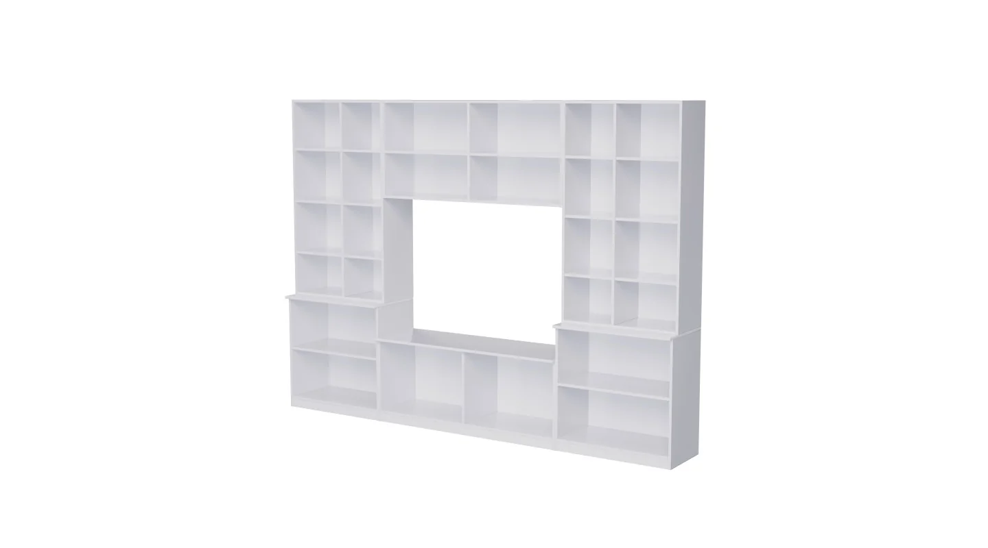 Meblościanka pokojowa z półką na TV, szafkami i szufladami 300×220 cm Śnieżna Biel – STILO Meblościanka pokojowa z półką na TV, szafkami i szufladami 300×220 cm Śnieżna Biel – STILO