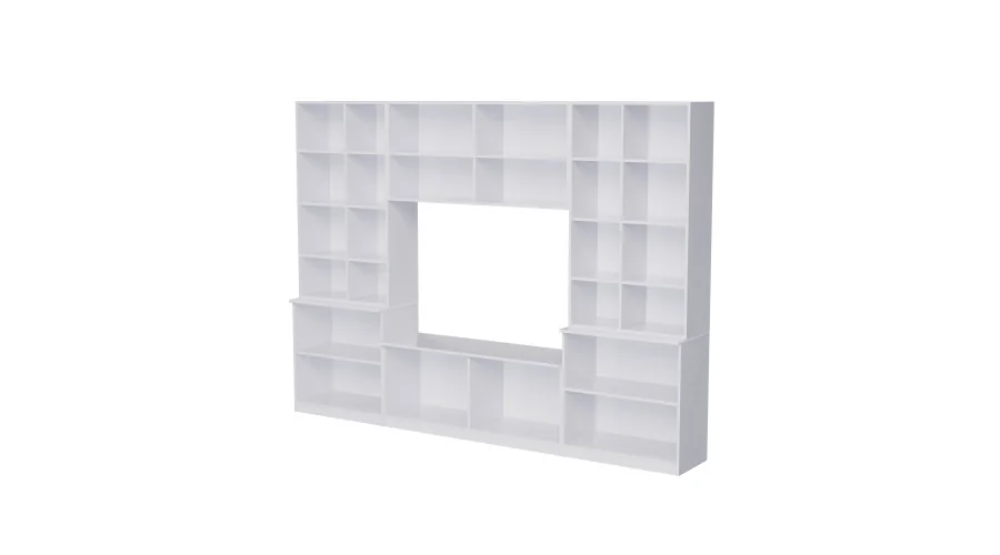 Meblościanka pokojowa z półką na TV, szafkami i szufladami 300×220 cm Śnieżna Biel – STILO Meblościanka pokojowa z półką na TV, szafkami i szufladami 300×220 cm Śnieżna Biel – STILO
