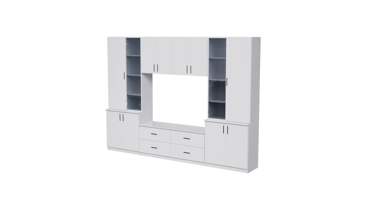 Meblościanka pokojowa z półką na TV, szafkami i szufladami 300×220 cm Śnieżna Biel – STILO Meblościanka pokojowa z półką na TV, szafkami i szufladami 300×220 cm Śnieżna Biel – STILO