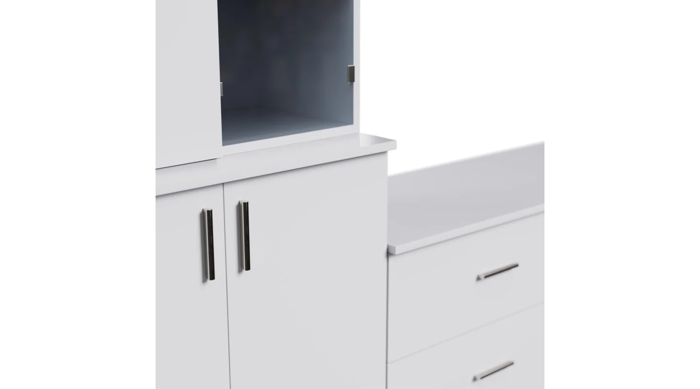 Meblościanka pokojowa z półką na TV, szafkami i szufladami 300×220 cm Śnieżna Biel – STILO Meblościanka pokojowa z półką na TV, szafkami i szufladami 300×220 cm Śnieżna Biel – STILO