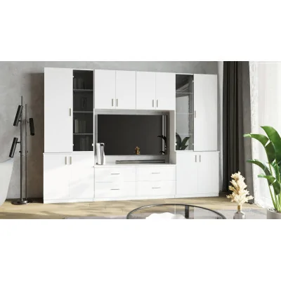 Meblościanka pokojowa z półką na TV, szafkami i szufladami 300×220 cm Śnieżna Biel – STILO