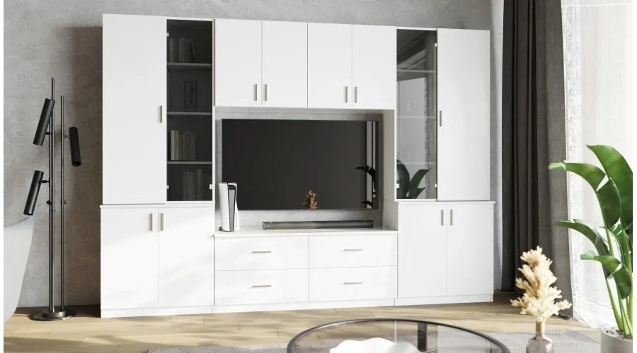 Meblościanka pokojowa z półką na TV, szafkami i szufladami 300×220 cm Śnieżna Biel – STILO Meblościanka pokojowa z półką na TV, szafkami i szufladami 300×220 cm Śnieżna Biel – STILO
