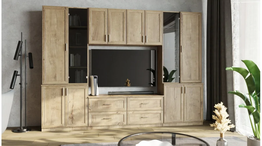 Meblościanka pokojowa z półką na TV, szafkami i szufladami 300×220 cm Dąb Lefkas – STILO