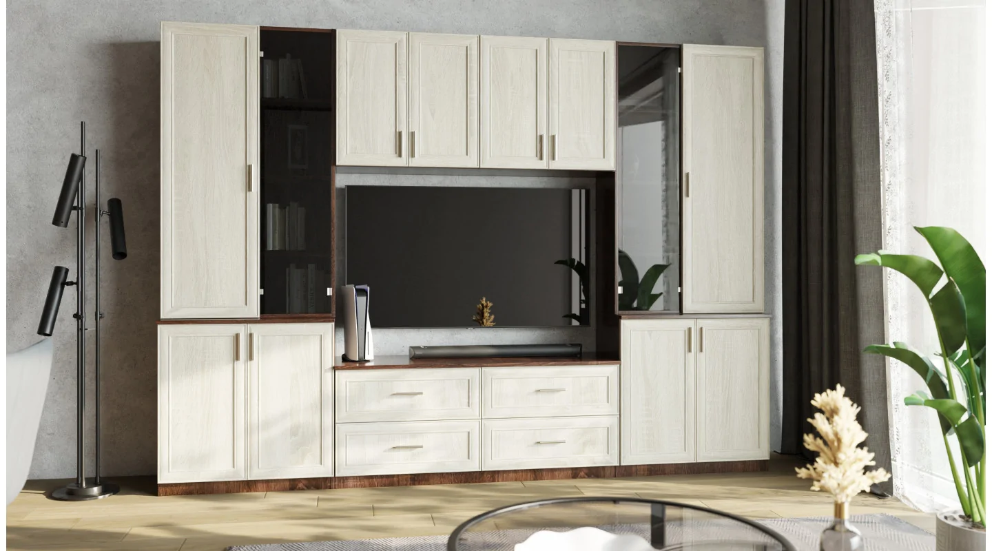 Meblościanka pokojowa z półką na TV, szafkami i szufladami 300×220 cm Sonoma Ciemna / Sonoma Jasna – STILO