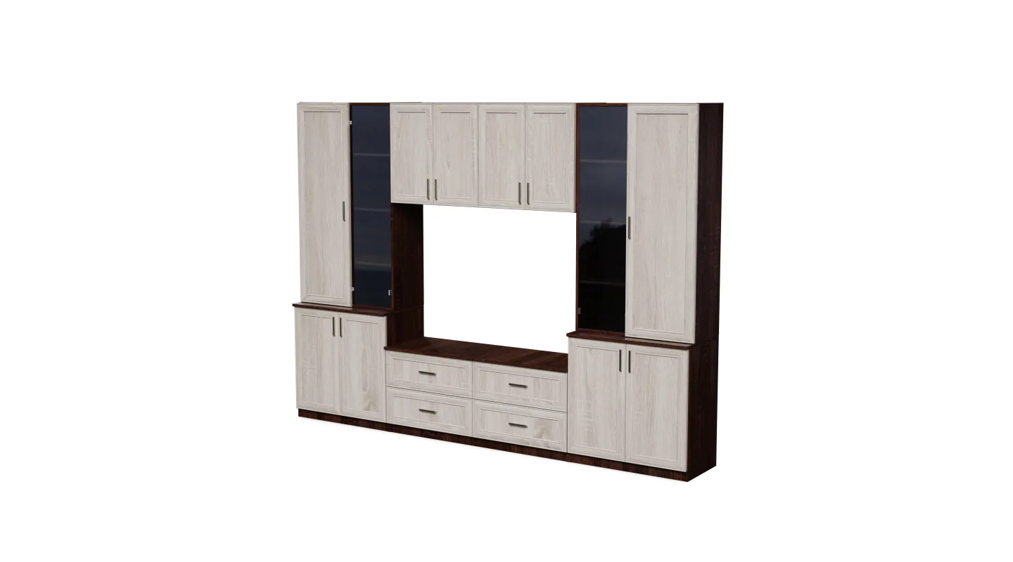 Meblościanka pokojowa z półką na TV, szafkami i szufladami 300×220 cm Sonoma Ciemna / Sonoma Jasna – STILO