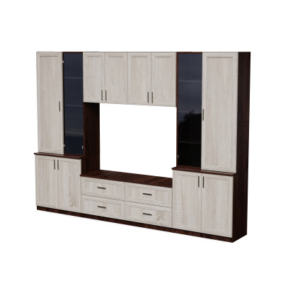 Meblościanka pokojowa z półką na TV, szafkami i szufladami 300×220 cm Sonoma Ciemna / Sonoma Jasna – STILO